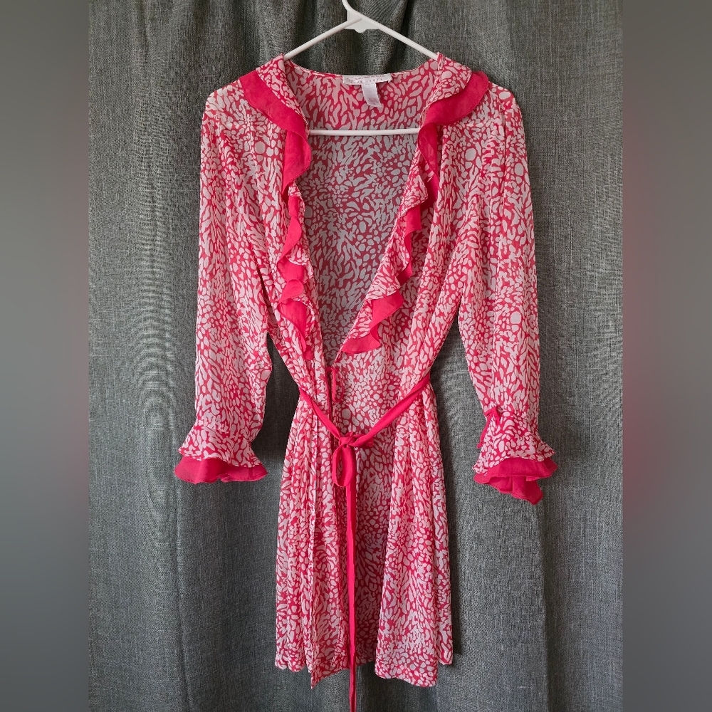 Oscar De La Renta Pink Label Robe Sz M Rose Animal Print Kimono Belted Pockets